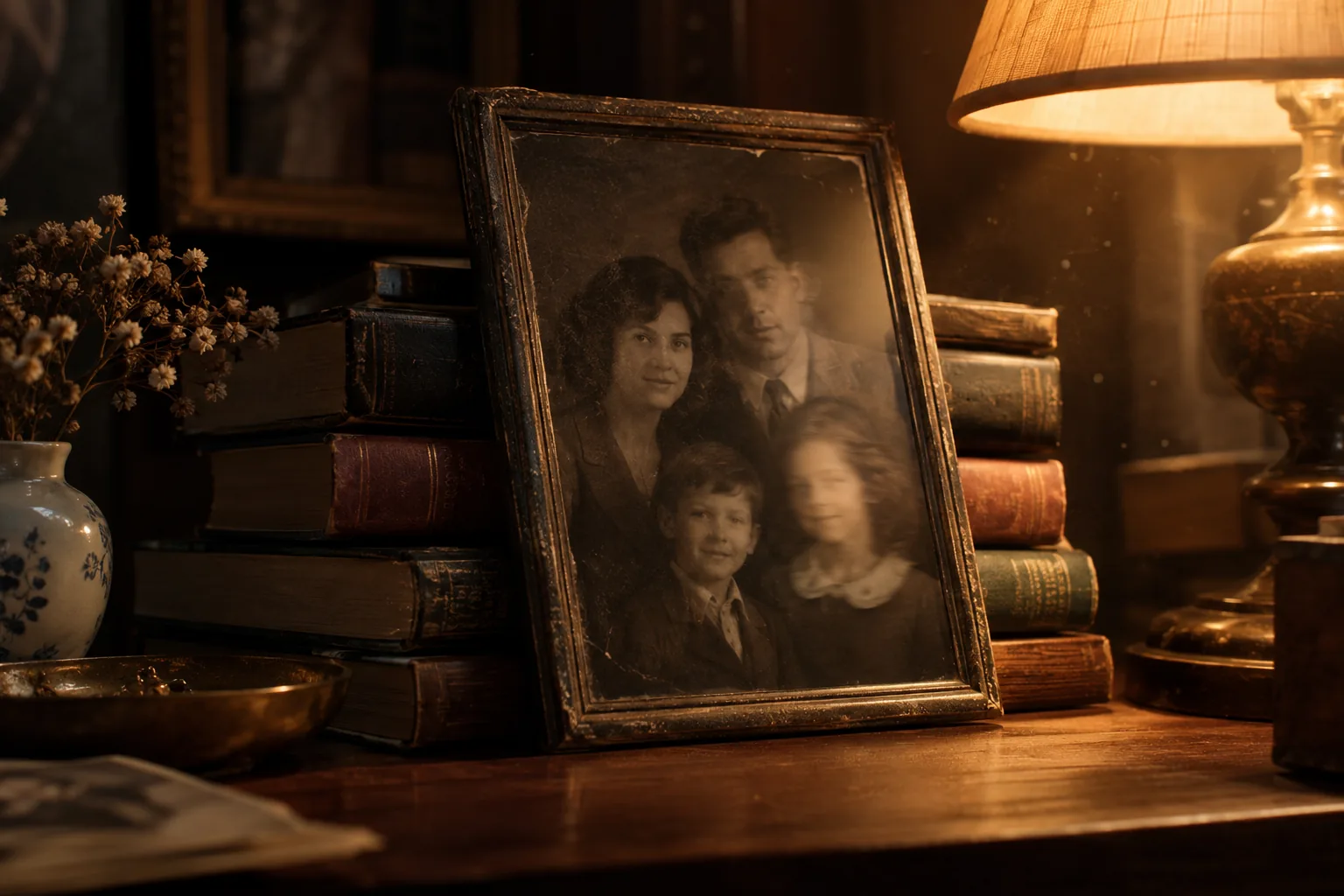 A vintage family portrait under a warm lamp with one face softly blurred by motion