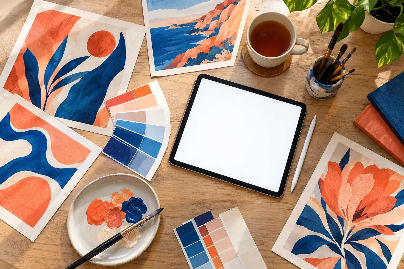 A designer’s desk with vivid abstract prints, paint swatches and a tablet with a blank glowing canvas