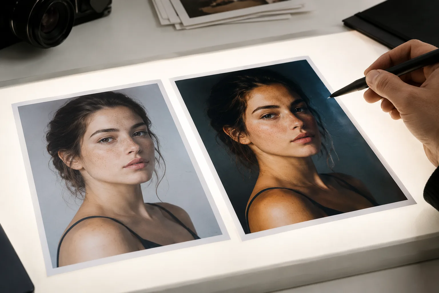 Two prints of the same portrait on a light table, one neutral and one color-graded, with a stylus nearby