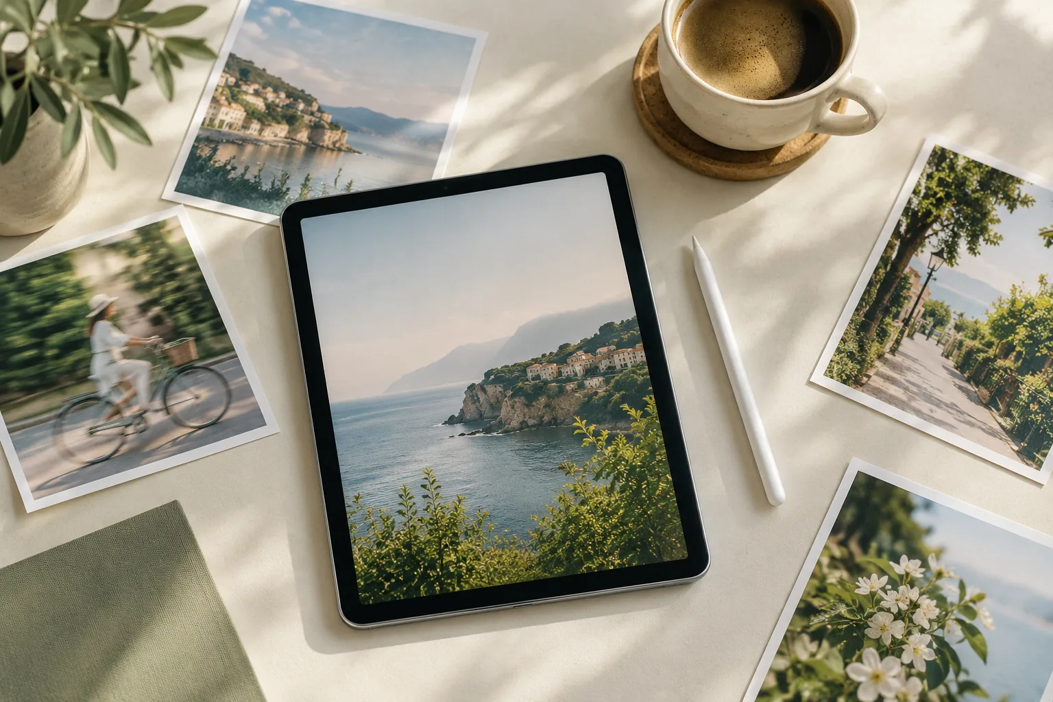 A tablet and printed photographs on a light desk with a coffee cup and soft morning light
