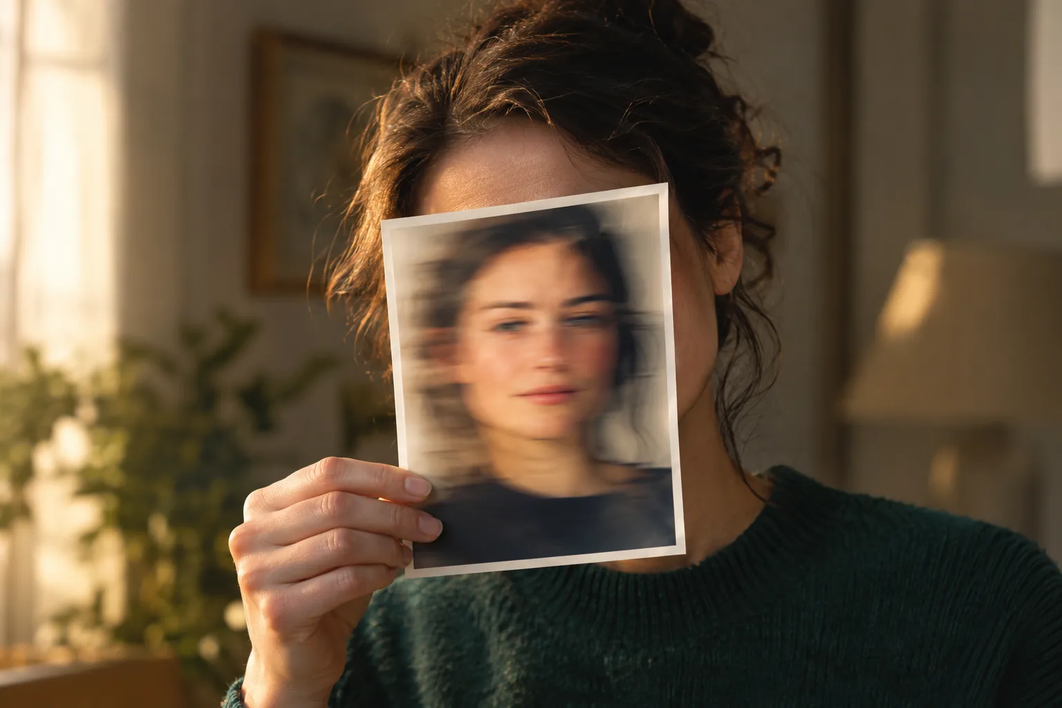A person holding a printed portrait that looks softly blurred by motion in warm window light