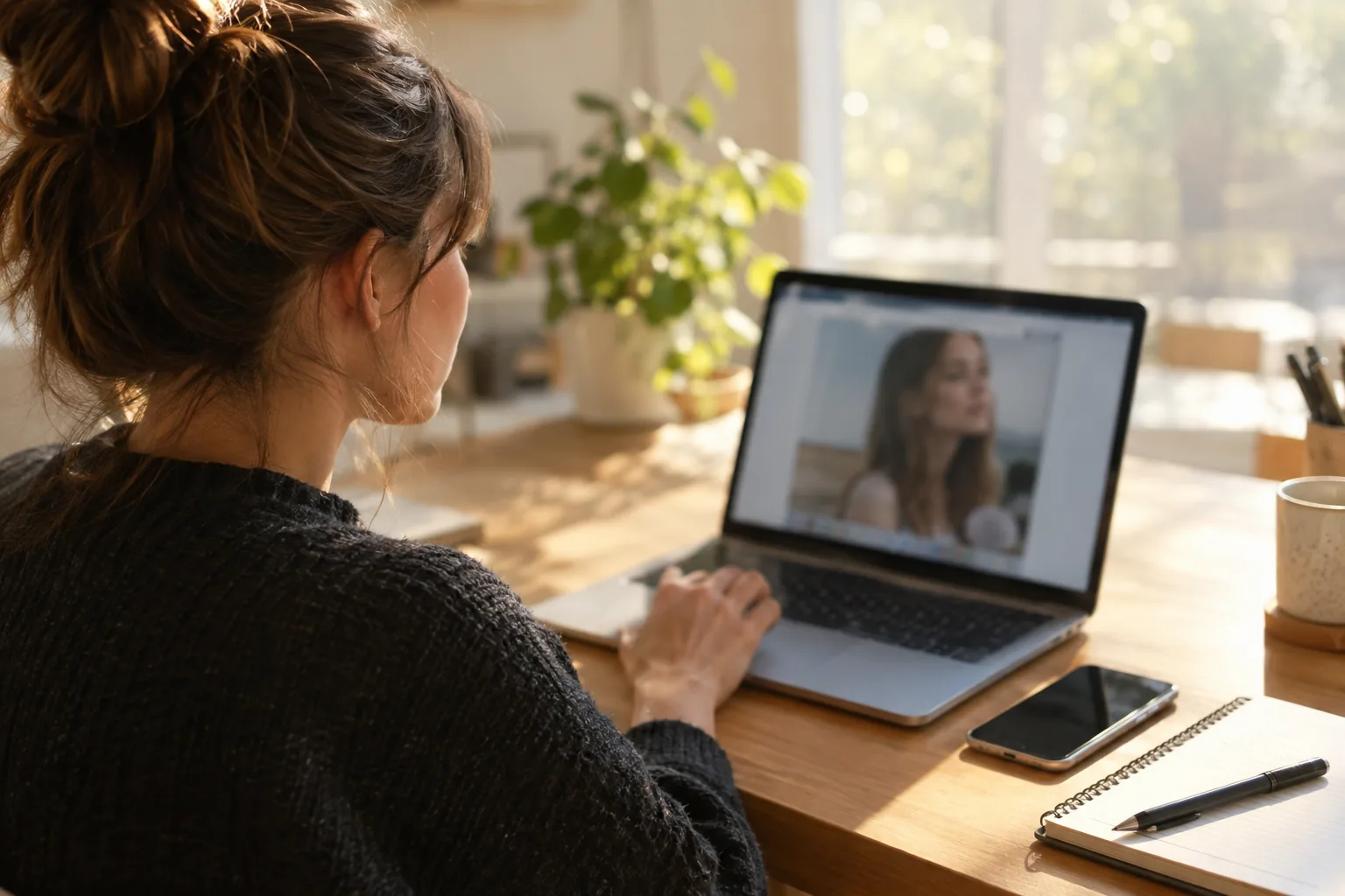 A person working at a sunlit desk with a laptop and a phone showing an out-of-focus portrait