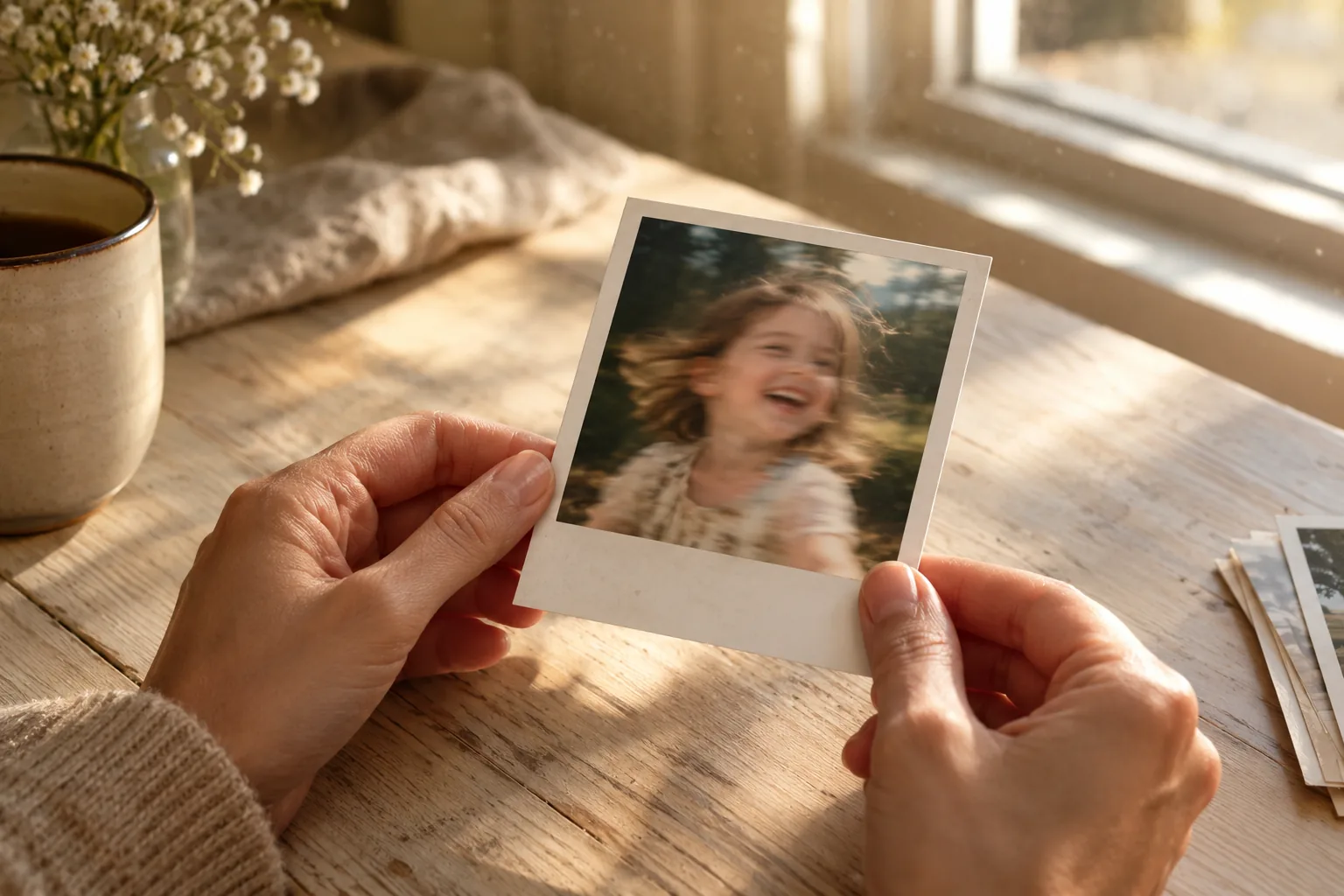 Hands holding an old instant photograph of a child on a wooden table in morning light