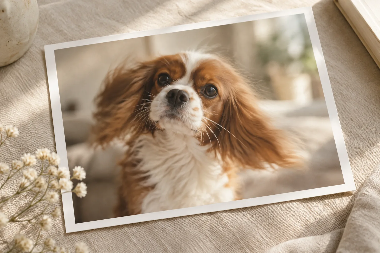 A printed portrait of a small dog on linen with softly motion-blurred ears and whiskers