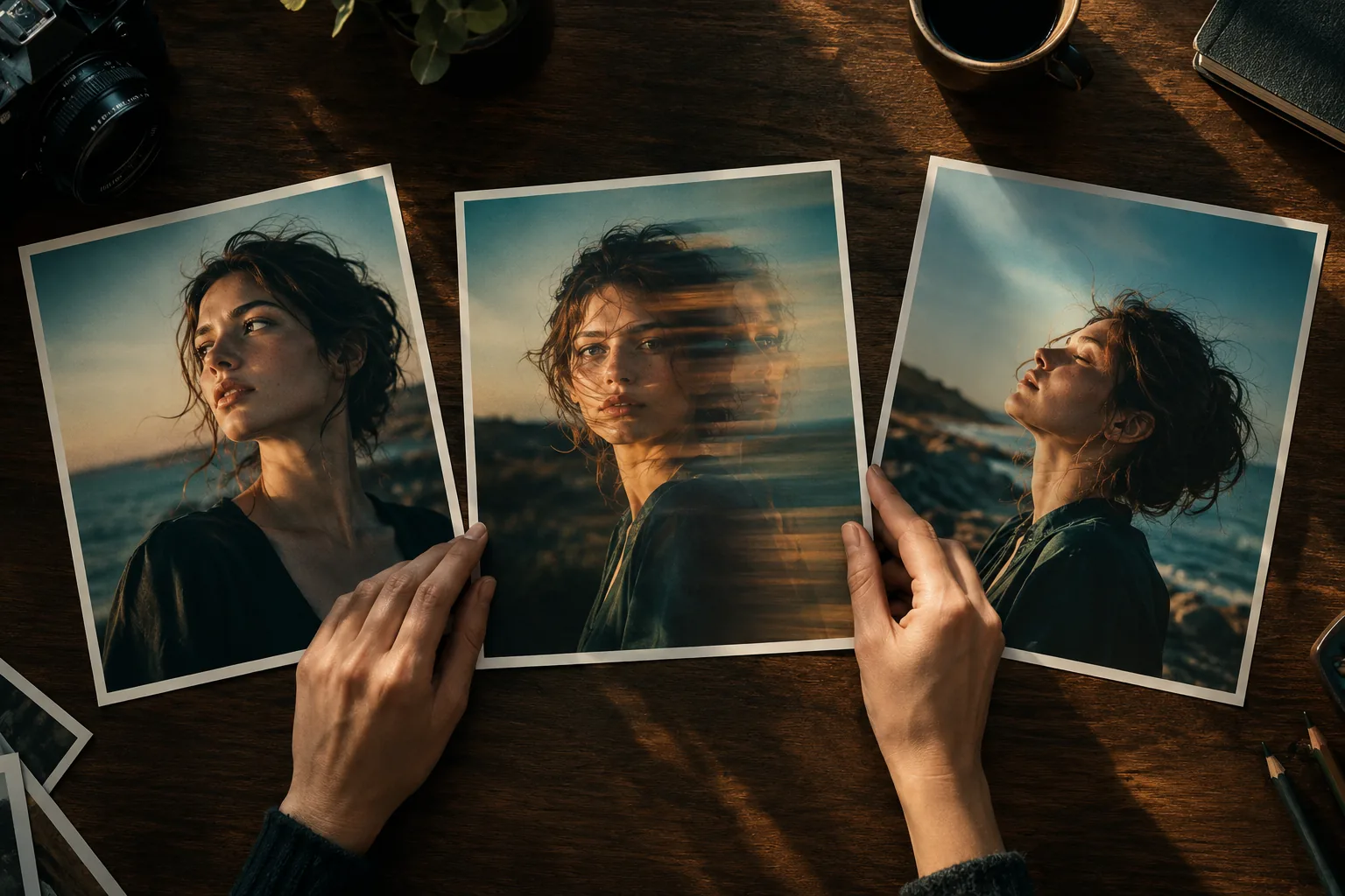Three printed portraits arranged like a storyboard on a dark desk with subtle motion trails