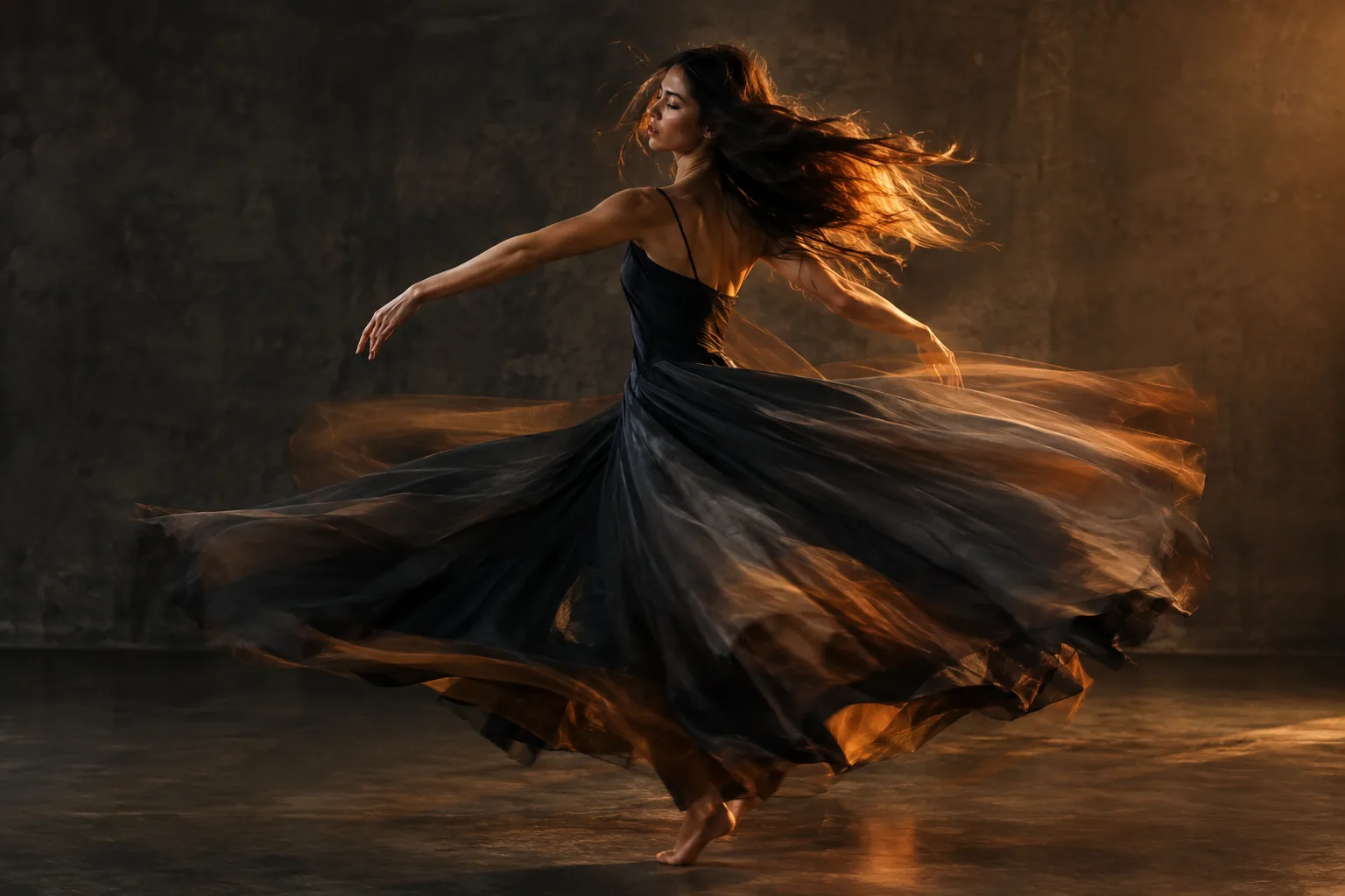 A dancer mid-turn in a bare studio with long-exposure motion trails in fabric and hair