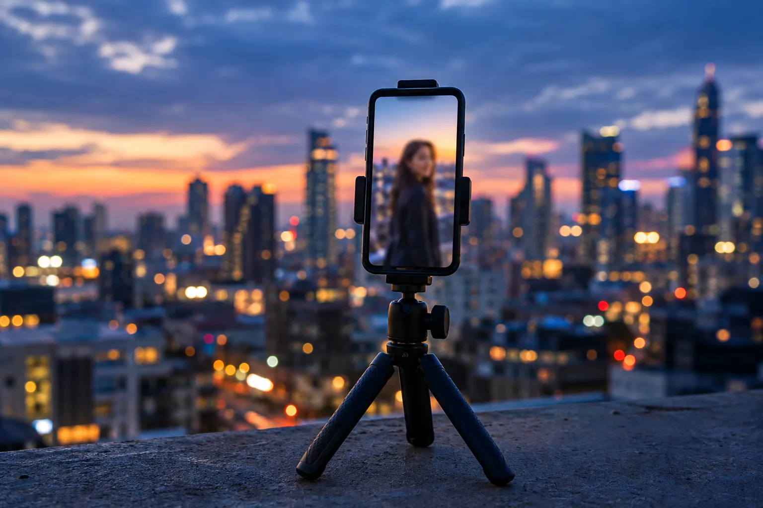 A smartphone on a tripod on a city rooftop at dusk with a softly out-of-focus vertical portrait
