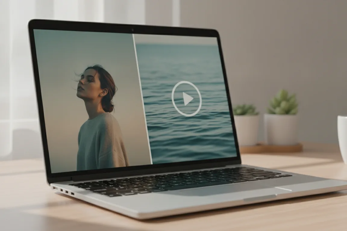 A laptop on a desk showing a still portrait beside a video clip with a play button